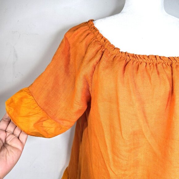 Terzo Millenio Rust Orange 2 Tone Ruffle 100% Linen Tunic Blouse Made in Italy - Picture 4 of 7